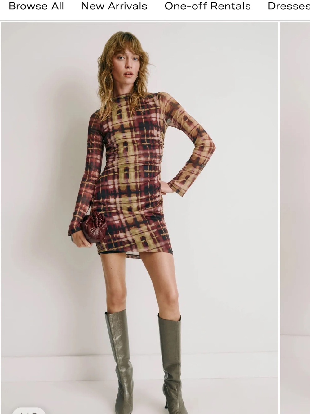 Long-Sleeve Plaid Sheath Dress in Brown and Pink